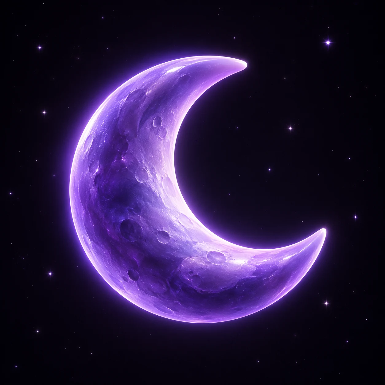 A glowing violet crescent moon in a starry midnight sky